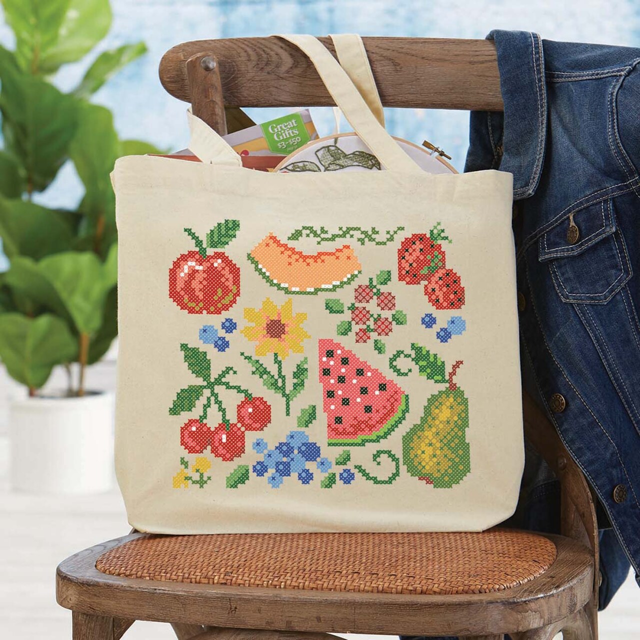Herrschners Fruity Fun Market Tote Bag Stamped Cross-Stitch Kit